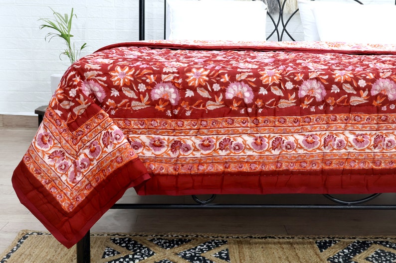 Red Razai Maroon Red and Orange Hand Block Printed Cotton Quilt Indian Reversible ...