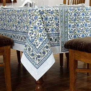 Green & Blue Dining Tablecloth, Block Printed Table Linen, Cotton Table Cover, Wedding Tablecloth, Housewarming Gifts Rectangle Table Cover