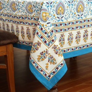 Blue & White Rectangle Tablecloths, Cotton Table Cover, Gift for Her, Modern Style Dining Tablecloths, Block Printed Table Cover, Gifts