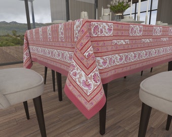Pink and White Floral Block Printed Table Cloth, Luxury Cotton Table Cloth, Vintage Style Table Cloth, Elegant Cotton Printed Table Napkins