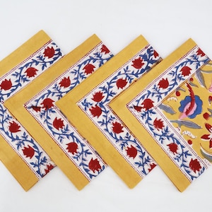 Yellow & Red Color Napkins, Floral Print Napkins, Hand Block Printed Table Handkerchief, Cotton Napkins, Printed Napkins Set, Gifts for Her
