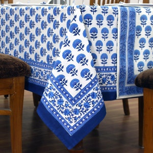 Blue and White Floral Indian Block Printed Cotton Table Cover, Tablecloth, Table Linen Set, Rectangle French Tablecloth For Kitchen Dinning