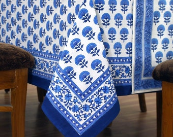 Blue and White Floral Indian Block Printed Cotton Table Cover, Tablecloth, Table Linen Set, Rectangle French Tablecloth For Kitchen Dinning