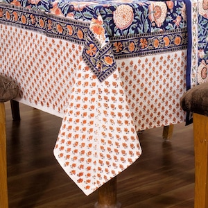 Blue & Orange Wedding Tablecloths, Cotton Table Covers, Gift for Her, Floral Table Linens, Block Printed Napkins, Dining Table Decor