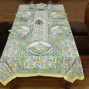 Green Indian Hand Block Floral Printed Cotton Tablecloth With Yellow Border, Dining Table Cover, Wedding Events Cafe Picnic Restaurant Gifts