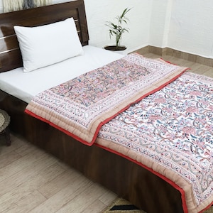 Cream Multicolor  Hand Block Printed Quilted Blanket 100% Cotton Quilt, Aesthetic Winter Warm Quilt, Luxury Reversible Quilt Jaipur Razai