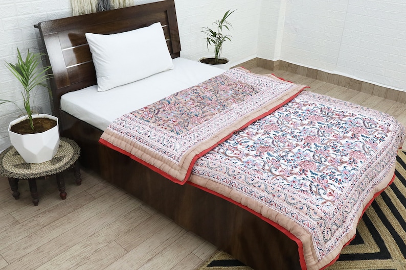 Cream Multicolor  Hand Block Printed Quilted Blanket 100% Cotton Quilt, Aesthetic Winter Warm Quilt, Luxury Reversible Quilt Jaipur Razai