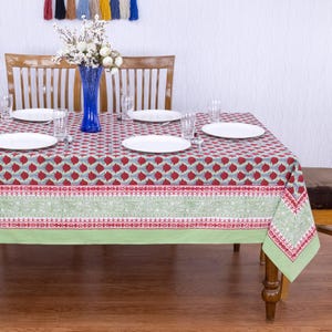 Mantel estampado con bloque de mano rojo y verde azulado, mantel de algodón floral, mantel rectangular, ropa de mesa india