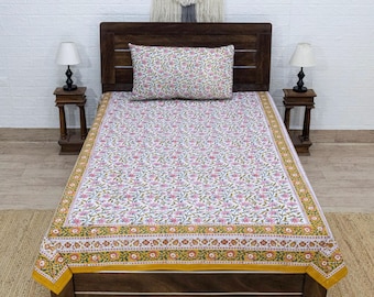 Yellow and Pink Hand Block Printed Cotton Bed Cover, Floral, Christmas Gift