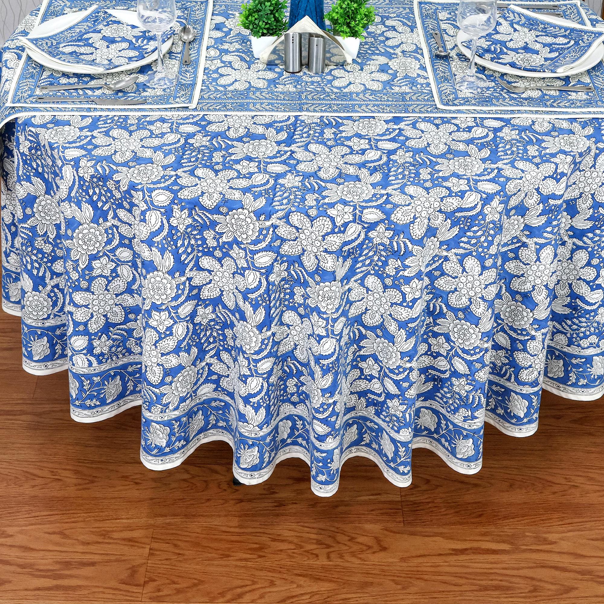 Serviettes De Table Indiennes En Coton - Imprimé Main Bleu Et Blanc Motif Floral - Tailles Sur Mesure