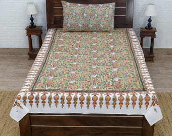 Drap de lit en coton jaune et vert avec housse de coussin, motif cachemire, literie traditionnelle indienne, drap de lit pour cadeaux de Noël