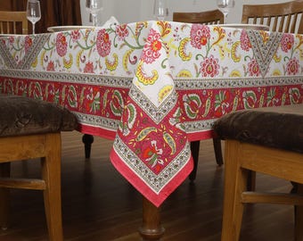 Red & Yellow Wedding Tablecloth, Dining Table Decor, Floral Print tablecloth, Housewarming Gifts, Hand Block Printed Tablecloth Set