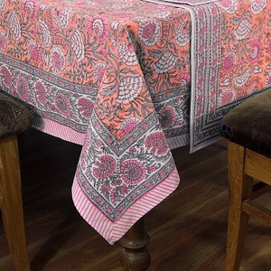 Orange & Pink Hand Block Printed Tablecloth, Dining Table Decor, 100% Pure Cotton Table Linens, Handmade Table Top, Halloween Gifts
