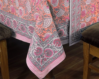 Orange & Pink Hand Block Printed Tablecloth, Dining Table Decor, 100% Pure Cotton Table Linens, Handmade Table Top, Halloween Gifts