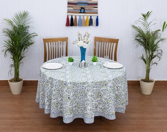 Blue and Green Floral Round Tablecloth, Indian Block Print Round Table Cover, Circle Tablecloth,  Country Kitchen Round TableCloths, Gifts