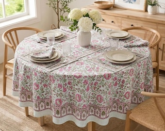 Pink Floral Round Tablecloth – Indian Block Print Cotton Table Cover