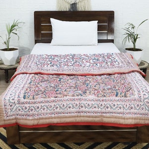 Cream Multicolor  Hand Block Printed Quilted Blanket 100% Cotton Quilt, Aesthetic Winter Warm Quilt, Luxury Reversible Quilt Jaipur Razai