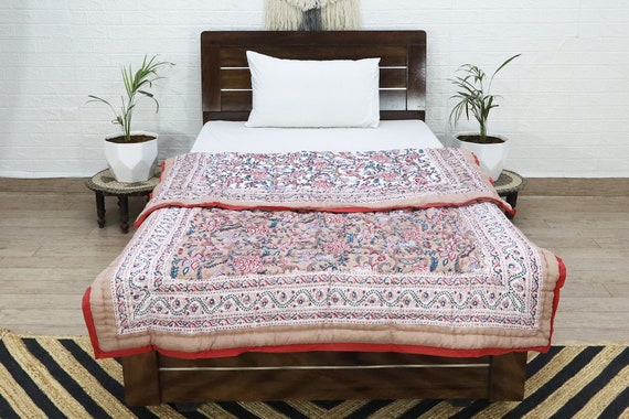 Cream Multicolor Hand Block Printed Quilted Blanket 100% Cotton Quilt, Aesthetic Winter Warm Quilt, Luxury Reversible Quilt, Jaipur Razai