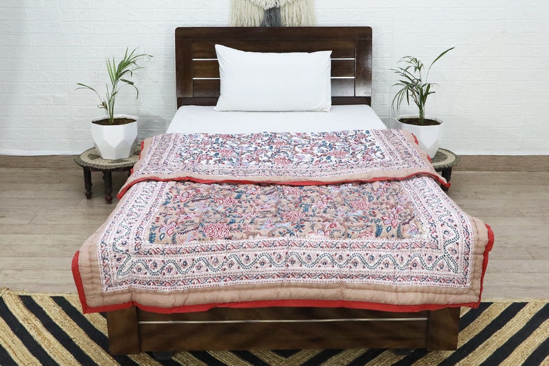 Cream Multicolor  Hand Block Printed Quilted Blanket 100% Cotton Quilt, Aesthetic Winter Warm Quilt, Luxury Reversible Quilt Jaipur Razai