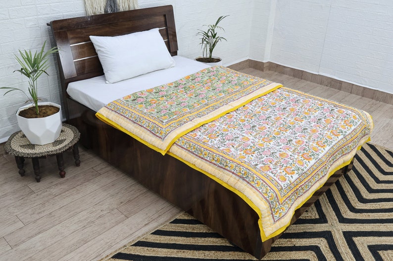 Yellow and Green Indian Hand Block Floral Printed Cotton Quilts Reversible Jaipuri Razai King Quilts Queen Size Quilts Gifts for Dad
Handmade Razai
Cotton Quilt Razai
Reversible Razai
Throw Quilted 
Boho Hippie Quilt
Blanket Razai
Housewarming Gifts