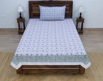 Pink and Green Floral Hand Block Printed Cotton Bedsheet, Indian Bed Cover Set for Twin,Queen, King, Handmade Cotton Bedding,Christmas Gifts