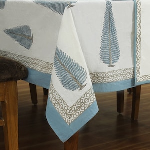 White and Blue Indian Hand Block Floral Printed Cotton Tablecloth with Border design, Table cover, Table Linen for Wedding Events Home