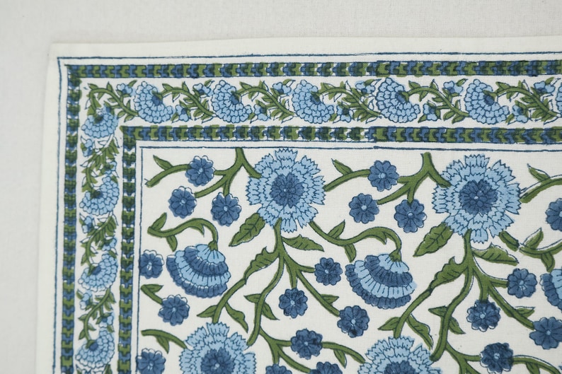Blue and Green Floral Indian Hand Block Printed Cotton Cloth Napkins For Dinner Party Housewarming Gift For Her