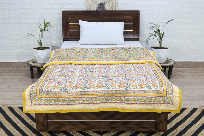 Yellow and Green Indian Hand Block Floral Printed Cotton Quilts Reversible Jaipuri Razai King Quilts Queen Size Quilts Gifts for Dad
Handmade Razai
Cotton Quilt Razai
Reversible Razai
Throw Quilted 
Boho Hippie Quilt
Blanket Razai
Housewarming Gifts