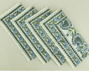 Cotton Indian Hand-Block Printed Table Napkins for Wedding Farmhouse Housewarming Restaurant Picnic Boho Home Decor Floral- Agate Green