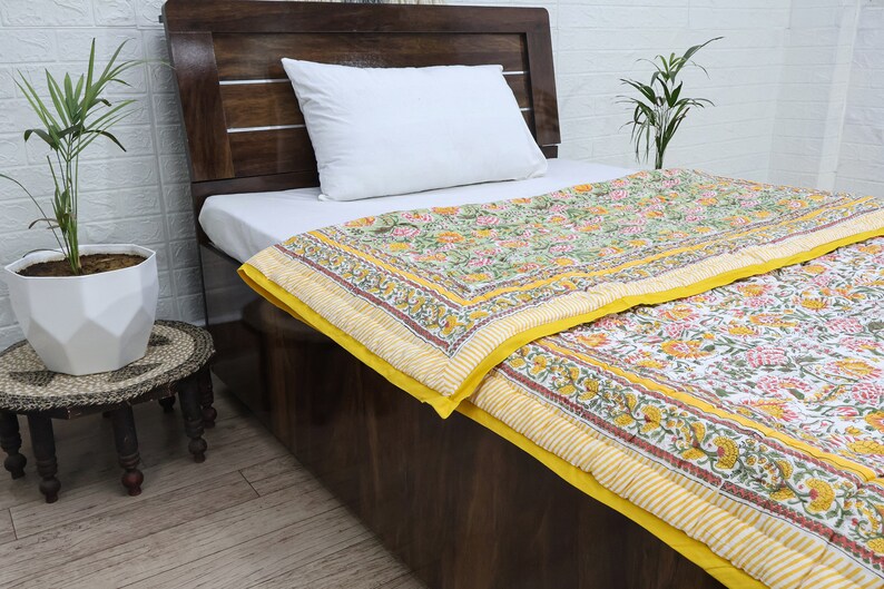 Yellow and Green Indian Hand Block Floral Printed Cotton Quilts Reversible Jaipuri Razai King Quilts Queen Size Quilts Gifts for Dad
Handmade Razai
Cotton Quilt Razai
Reversible Razai
Throw Quilted 
Boho Hippie Quilt
Blanket Razai
Housewarming Gifts