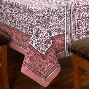 Watermelon Pink and Blue Leaf Hand Block Printed Cotton Tablecloth Table Cover For Dining Table Decor Wedding Party Event Gifts For Mom