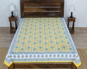 Cotton Bed Cover with Yellow Color Hand Block Print, Floral Style, Bedsheet for Home Decor, Available in King, Queen,Twin, Christmas Gifting