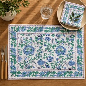 Manteles Individuales Florales Azules Block Print Set de 4, Tapete de Mesa de Algodón Orgánico, Estampado a Mano India,