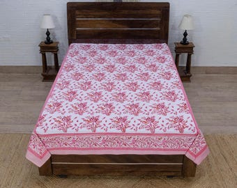 Hand Block Print Cotton Bedsheet, Pink Color Beautiful Bed Cover, Bedsheet For Twin, Queen, King, Floral Bedsheet, Christmas Gifts
