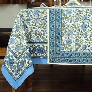 Blue & White Tablecloth, Wedding Table Decor, Cotton Table Cover, Block Printed Linen, Wedding Gifts, Block Printed Napkin, Valentine Gifts