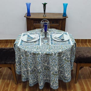 Blue and Green Floral Round Tablecloth, Indian Block Print Round Table Cover, Circle Tablecloth,  Country Kitchen Round TableCloths, Gifts