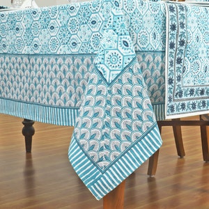 Light Teal & White Block Print Tablecloth , Garden Tablecloth,  Floral Dinning TableCloth ,Elegant Rectangle Table Scape Decor