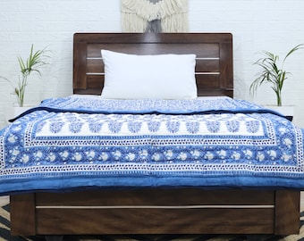Dusk Blue & White Indian Hand Block Printed Cotton Quilts Reversible Single Bed Japuri Razai Traveling Blankets, Floral Print Quilts , Gifts