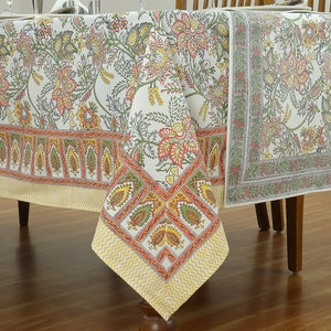 Orange and Green Dining Tablecloth, Floral Table Cover, Cotton Table Linens, Wedding Party Cloths, Block Printed Napkins