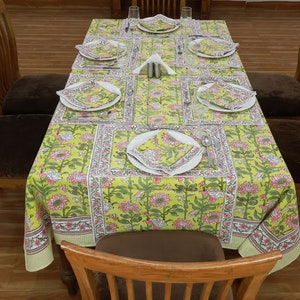 Yellow & Pink Rectangle Table Cloth, French Tablecloth Cover, Hand Block Printed Tablecloth, Indian Table Linen, Floral Dinning TableCloth