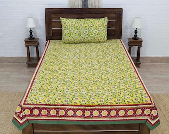 Yellow and Green Handblock Printed Cotton Bed Cover – Floral, Christmas Gift