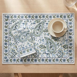 Tovagliette Paisley Verde Blu Set da 4, 100% Cotone Indiano Fatto a Mano Lavabile Riutilizzabile Stampa Jaipur