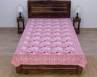 Drap de lit en coton à imprimé blocs de main | Couvre-lit indien | Literie King et Queen | Couvre-lit rose | Housse en drap faite main