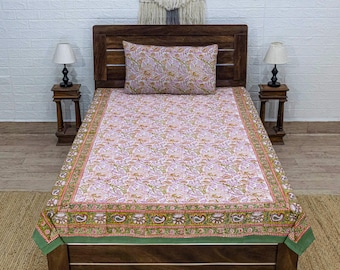 Pink and Brown Handblock Print Cotton Bedsheet, Christmas Bedding, Twin, Queen, King Sizes