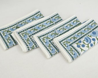 Blue and Green Floral Indian Hand Block Printed Cotton Cloth Napkins For Dinner Party Housewarming Gift For Mom