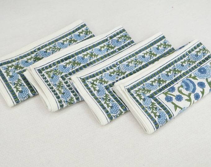 Blue and Green Floral Indian Hand Block Printed Cotton Cloth Napkins For New Year Dinner Party Housewarming Gift For Her