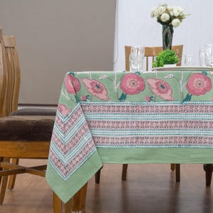 Green, Pink Floral Indian Hand Block Printed Cotton Tablecloth, Rectangle Tablecloh, Table Top for Wedding Home Cafe Outdoor Garden Patio.