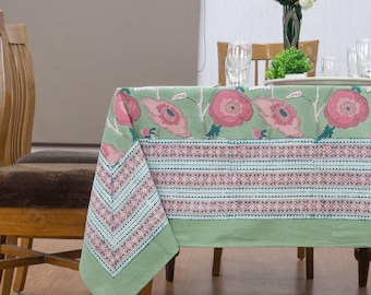 Green, Pink Floral Indian Hand Block Printed Cotton Tablecloth, Rectangle Tablecloh, Table Top for Wedding Home Cafe Outdoor Garden Patio.