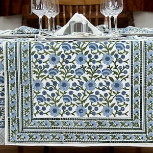 Blue and White Wedding Party Tablecloth, Dining Table Linens, Floral Block Printed Tablecloth, Round Table cloth