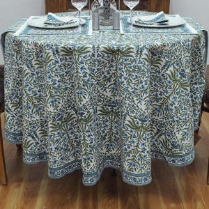 Blue and Green Floral Round Tablecloth, Indian Block Print Round Table Cover, Circle Tablecloth,  Country Kitchen Round TableCloths, Gifts